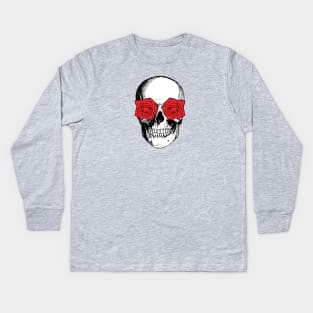 Skull and Roses | Skull and Flowers | Skulls and Skeletons | Vintage Skulls | Red Roses | Kids Long Sleeve T-Shirt